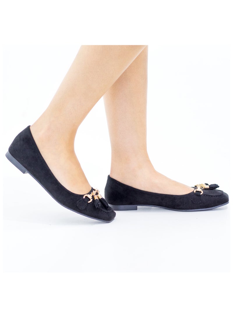 Laurel tassel trim faux leather flat shoes black