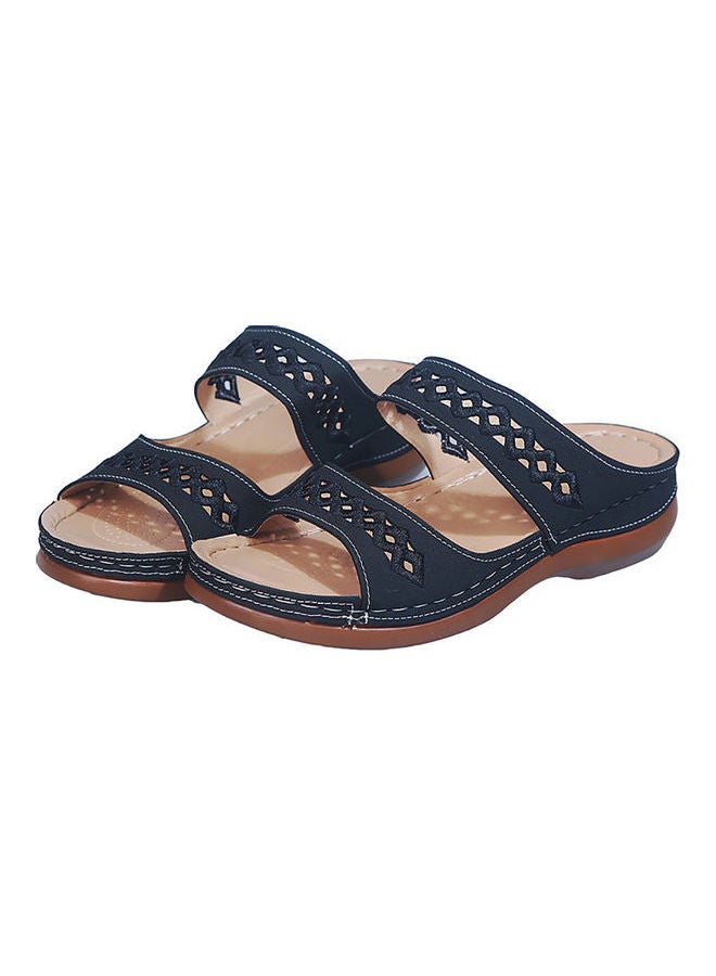 Women Faux Leather Anti Slip Low Wedge Sandals Hollow out Platform Slippers Blue