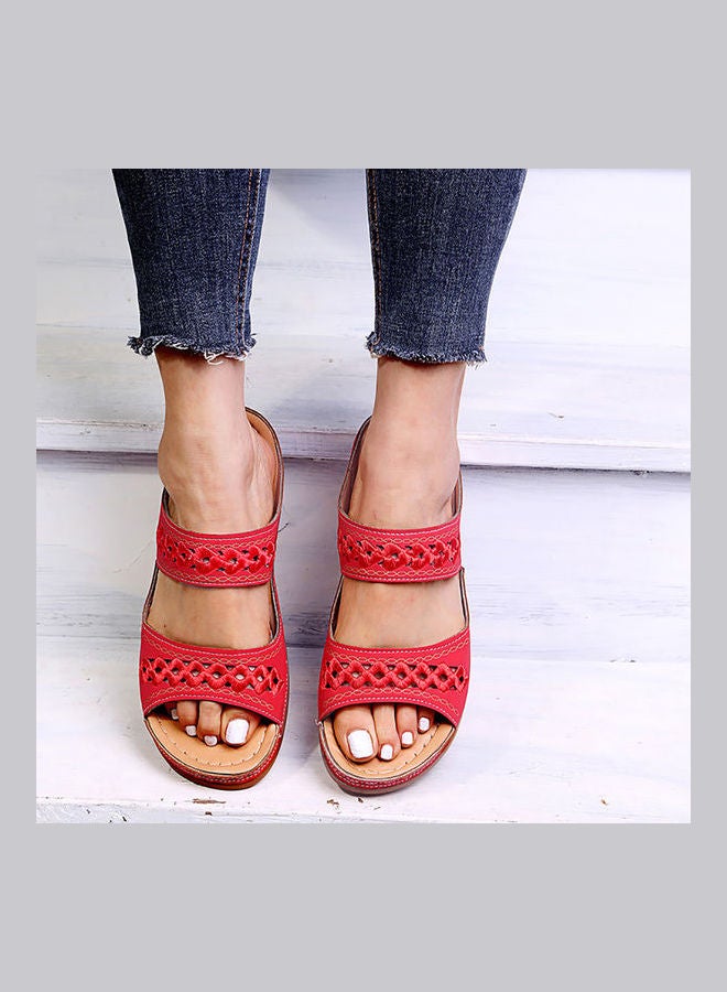 Faux Leather Low Wedge Slippers Red/Brown