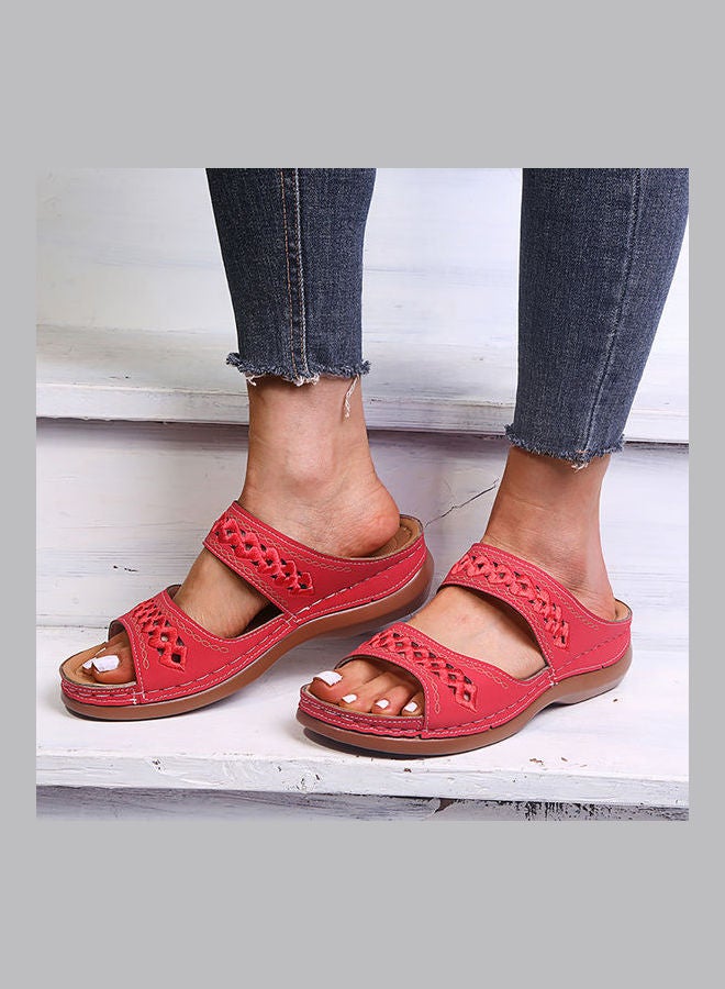 Faux Leather Low Wedge Slippers Red/Brown