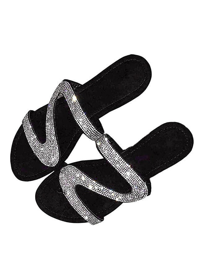 Women Fashion Rhinestone Inlaid Anti-Slip Slippers Silver/Black