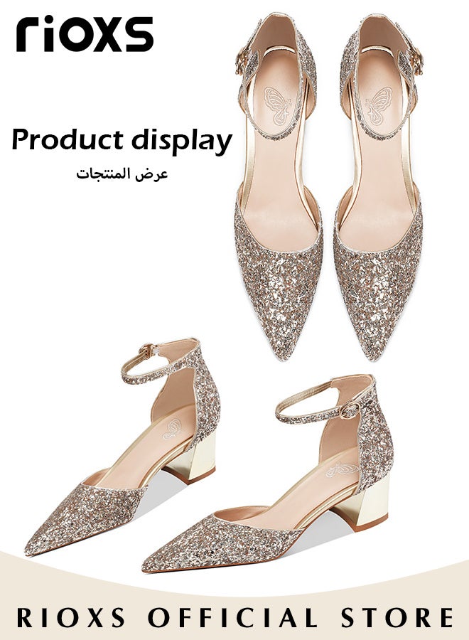 Shiny Rhinestone Chunky Heel Shoes with Adjustable Ankle Straps, Pointed Closed-toe Chunky Low Heel Pumps, Classic Mary Jane Court Shoes with Elegant Lines and Slim Feet, Suitable for Wedding Party or Dating