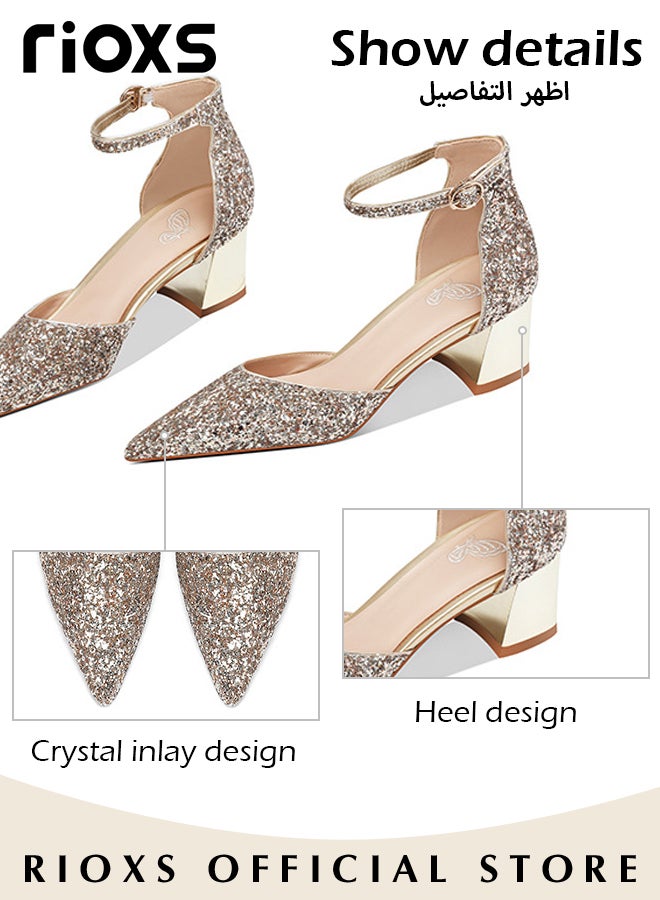 Shiny Rhinestone Chunky Heel Shoes with Adjustable Ankle Straps, Pointed Closed-toe Chunky Low Heel Pumps, Classic Mary Jane Court Shoes with Elegant Lines and Slim Feet, Suitable for Wedding Party or Dating