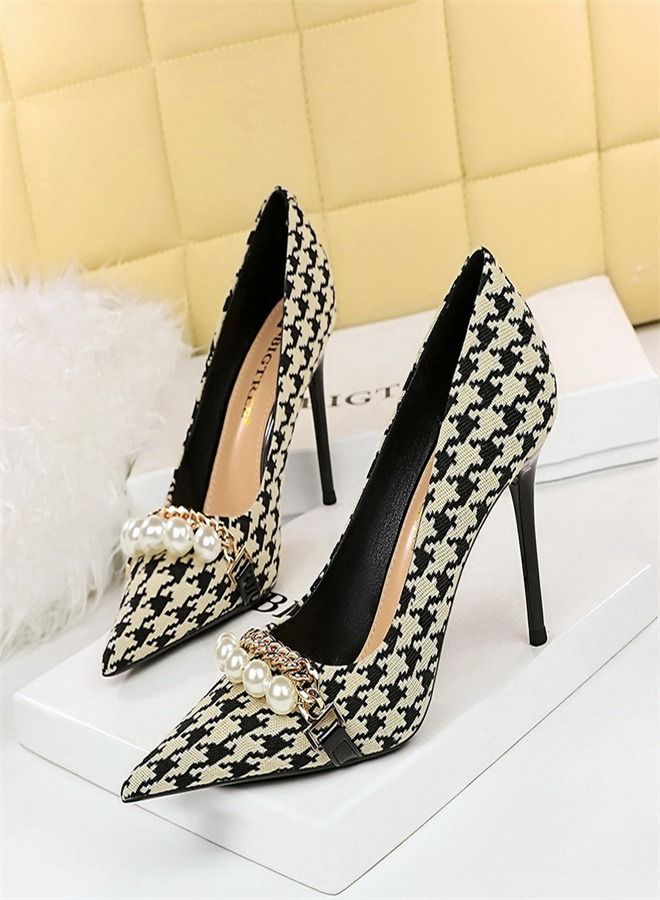 Pearl Chain Plaid High Heels 9.5CM Multicolour