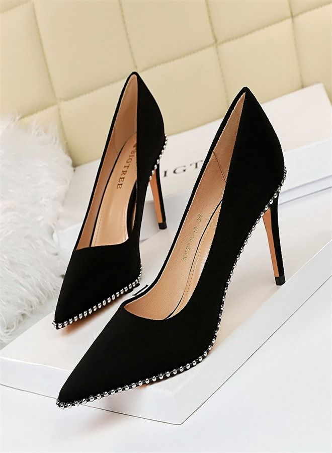 Shallow Metal Chain Pointed High Heels 8CM Black