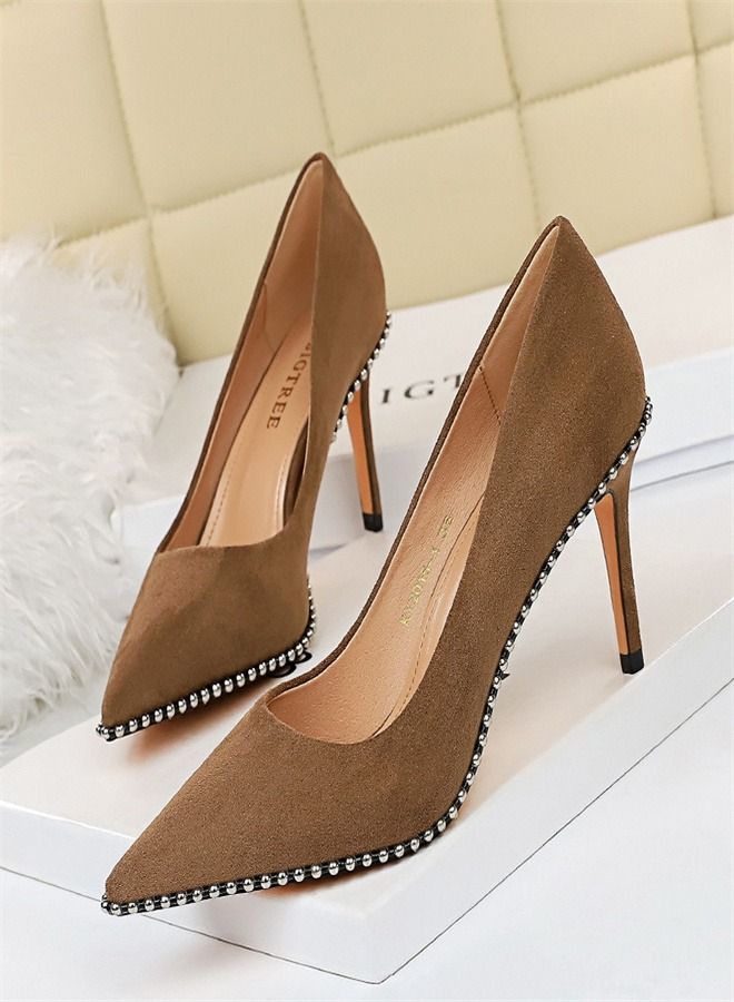 Shallow Metal Chain Pointed High Heels 8CM Brown