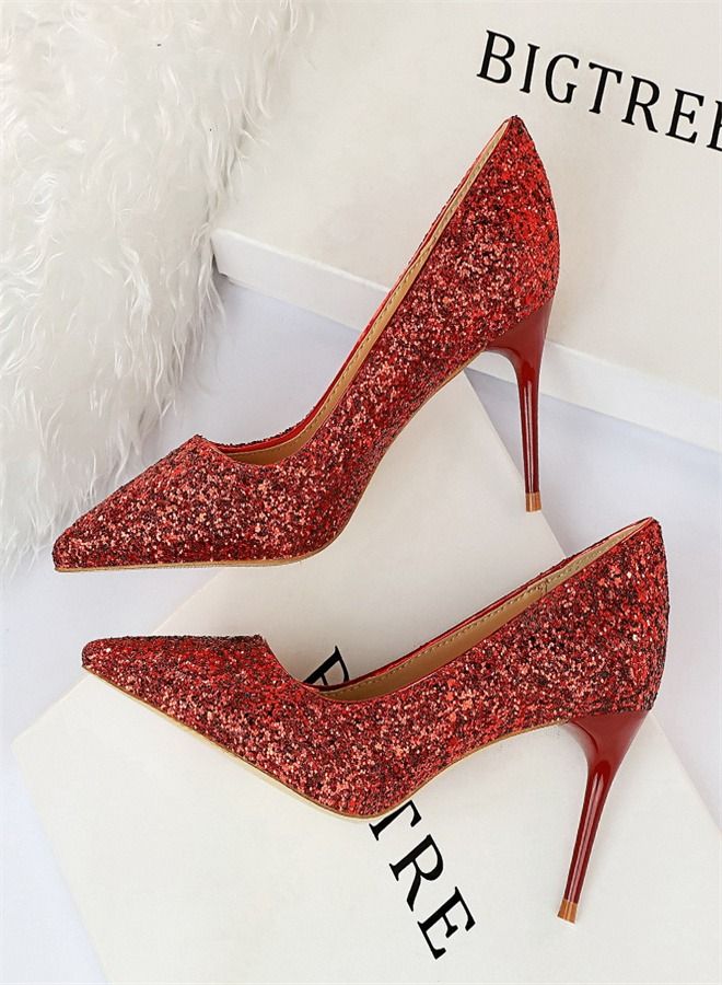 Fashion Shiny Sequins Slim High Heels 7CM Red