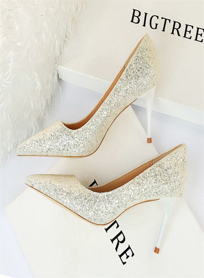 Fashion Shiny Sequins Slim High Heels 7CM White