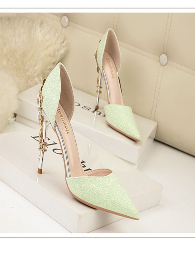 Metal Flower Pointed Heel Shoes 9CM Green