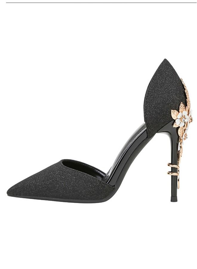 Metal Flower Pointed Heel Shoes 9CM Black