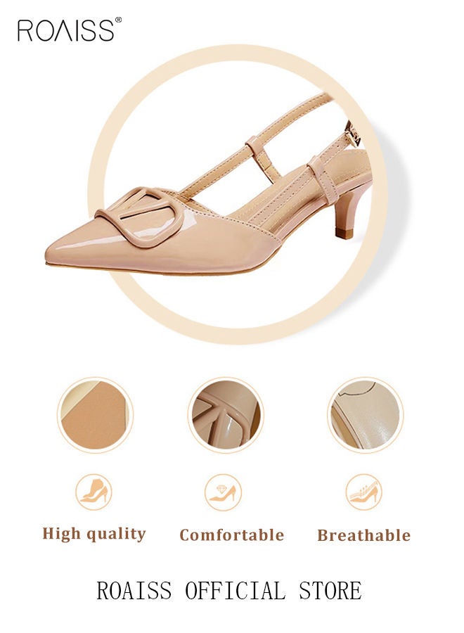 Womens Slingback Pumps Pointed Toe Low Heel Patent with Resin Buckle Women's Stiletto High Heels French Sandals