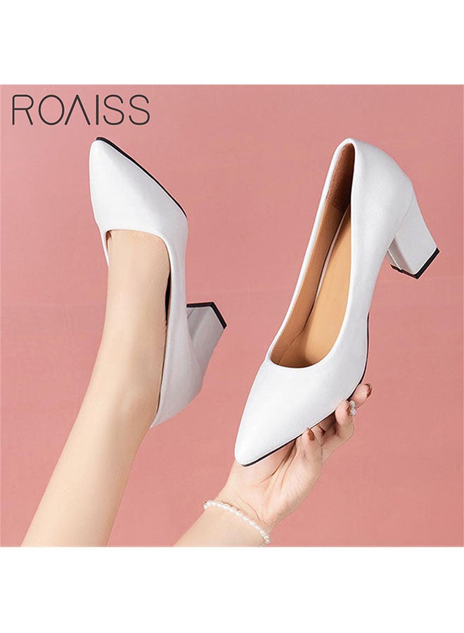 Pointed Toe Covered Thick Heels Fashionable Classic Pu Leather Solid Color Shallow Cut Work Shoes 7Cm Thick Heel Anti Slip High Heels