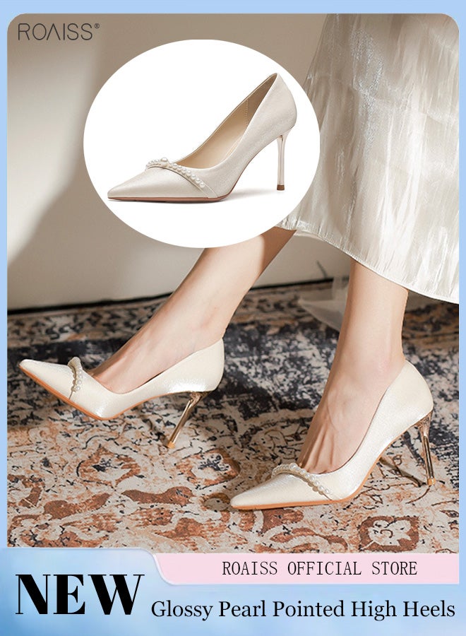 Satin Pointed Toe Shallow Cut High Heels Glossy Upper With Pearl Embellishments 6Cm Slim Heel Wedding Shoes