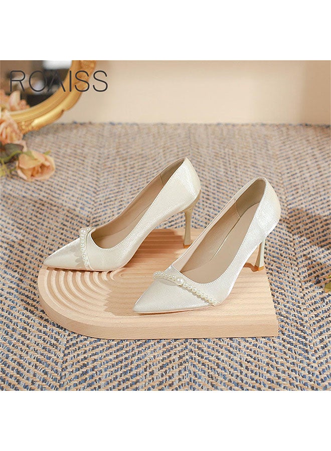 Satin Pointed Toe Shallow Cut High Heels Glossy Upper With Pearl Embellishments 6Cm Slim Heel Wedding Shoes