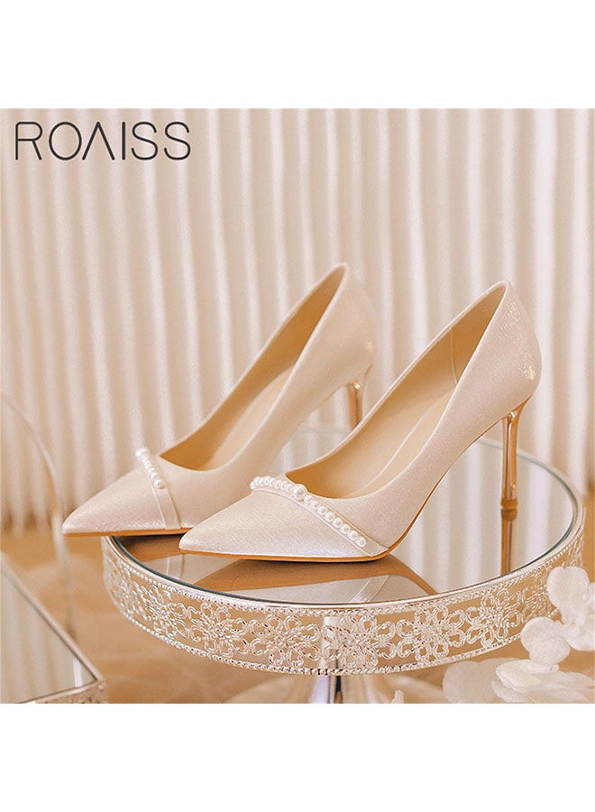 Satin Pointed Toe Shallow Cut High Heels Glossy Upper With Pearl Embellishments 6Cm Slim Heel Wedding Shoes