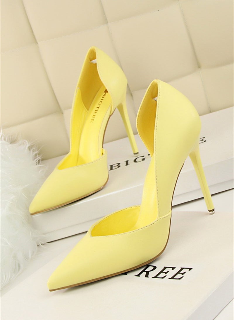 10.5cm Fashion Simple Slimming Women's Shoes Slim Heels Super High Shallow Mouth Pointed Hollowed Out Single Shoes Yellow