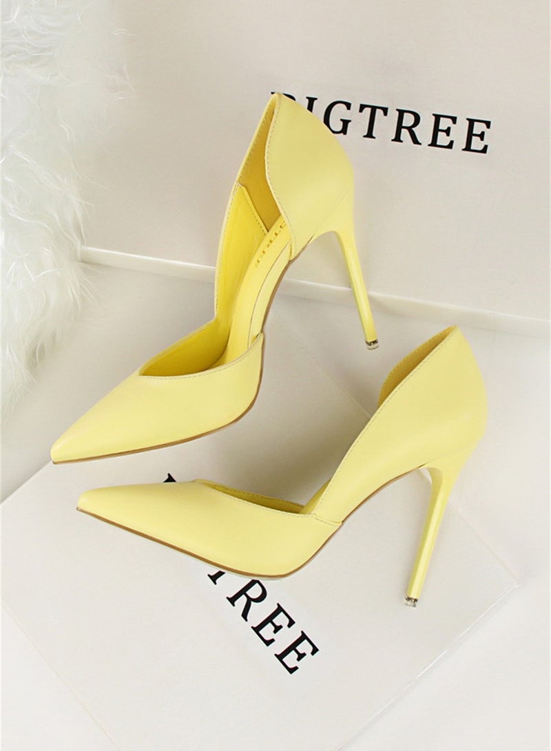 10.5cm Fashion Simple Slimming Women's Shoes Slim Heels Super High Shallow Mouth Pointed Hollowed Out Single Shoes Yellow