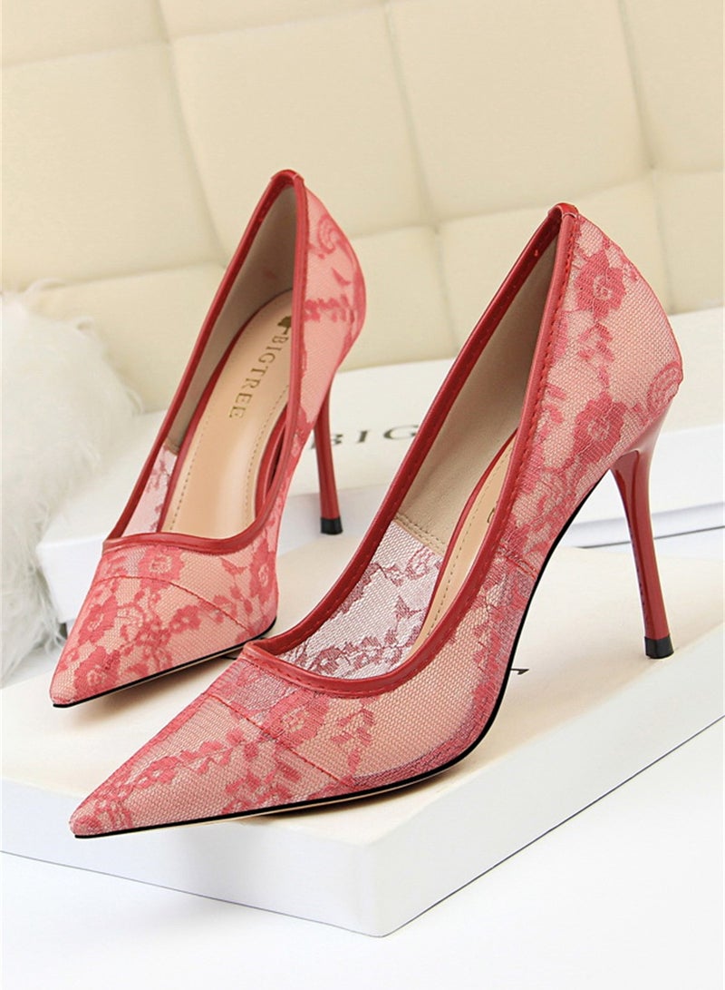 9cm Slimming High-Heeled Pumps With Slim Heels And Shallow Cuts With Pointed Mesh Openwork Lace Pumps Red