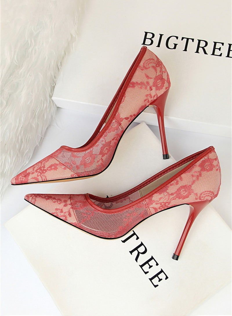 9cm Slimming High-Heeled Pumps With Slim Heels And Shallow Cuts With Pointed Mesh Openwork Lace Pumps Red