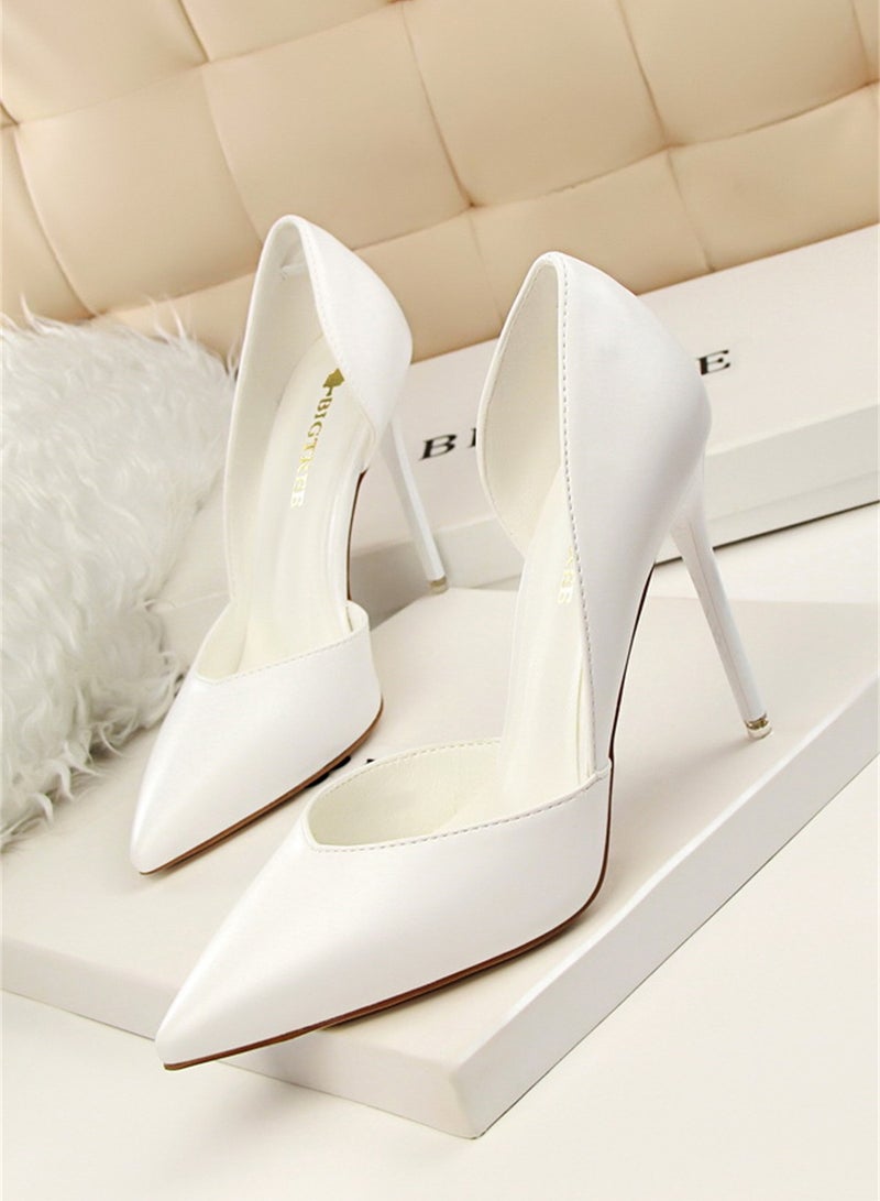 10.5cm Fashion Simple Slimming Women's Shoes Slim Heels Super High Shallow Mouth Pointed Hollowed Out Single Shoes White