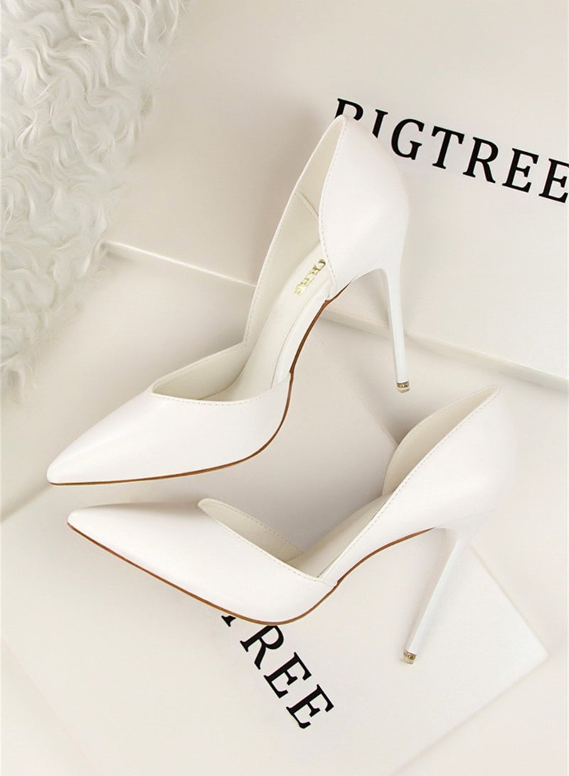 10.5cm Fashion Simple Slimming Women's Shoes Slim Heels Super High Shallow Mouth Pointed Hollowed Out Single Shoes White