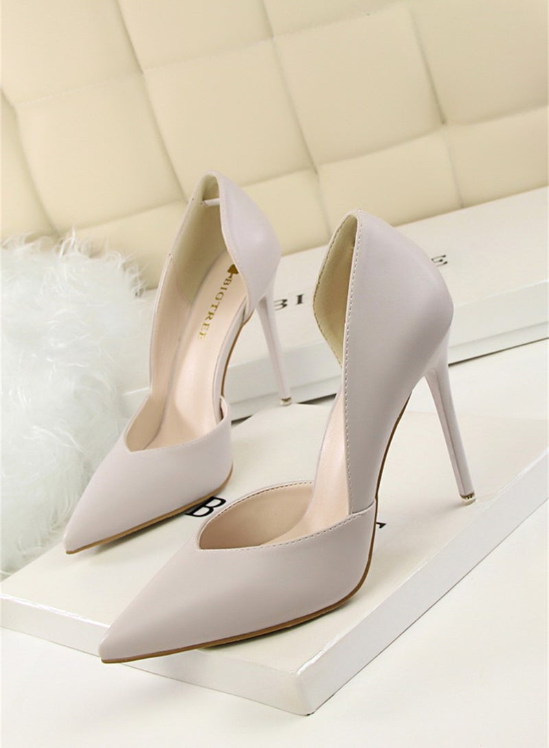 10.5cm Fashion Simple Slimming Women's Shoes Slim Heels Super High Shallow Mouth Pointed Hollowed Out Single Shoes Grey