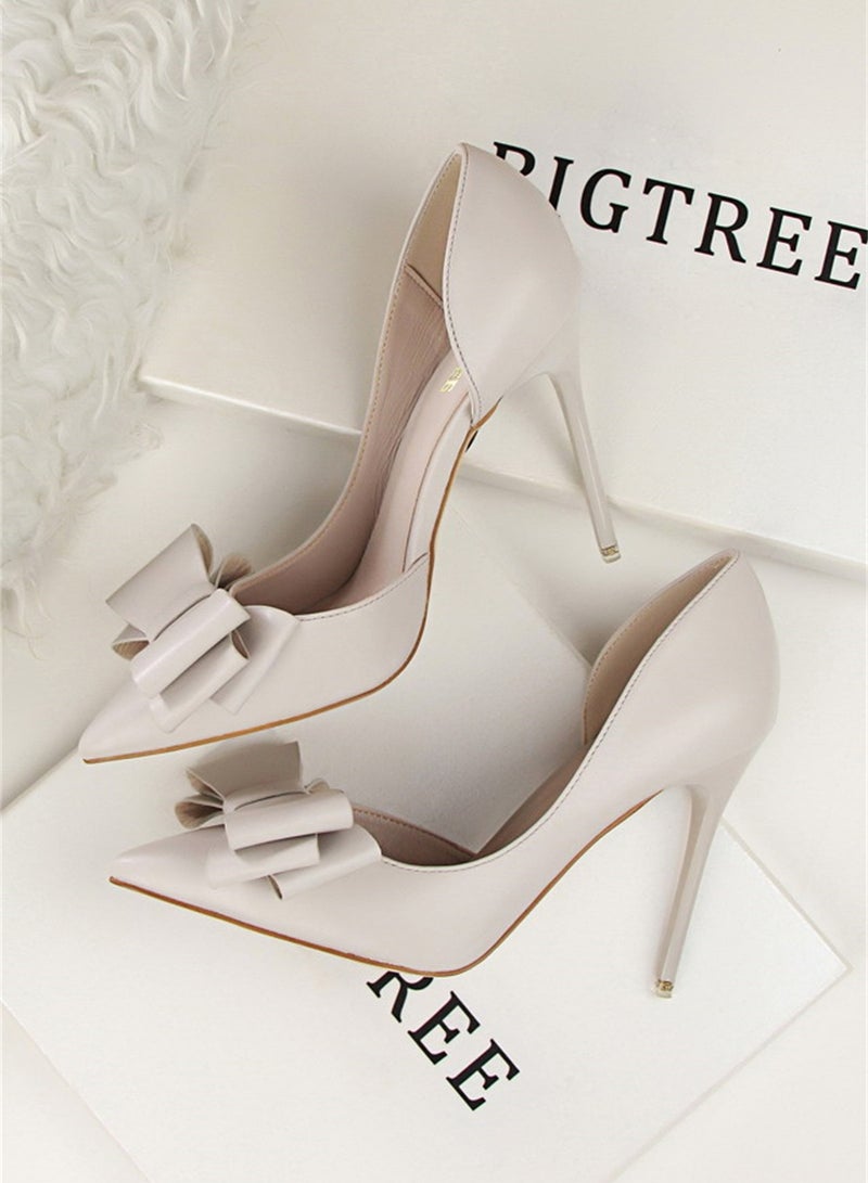 10.5cm Fashion Bow High Heels Shallow Mouth Pointed Side Hollowed Out Single Shoes Grey