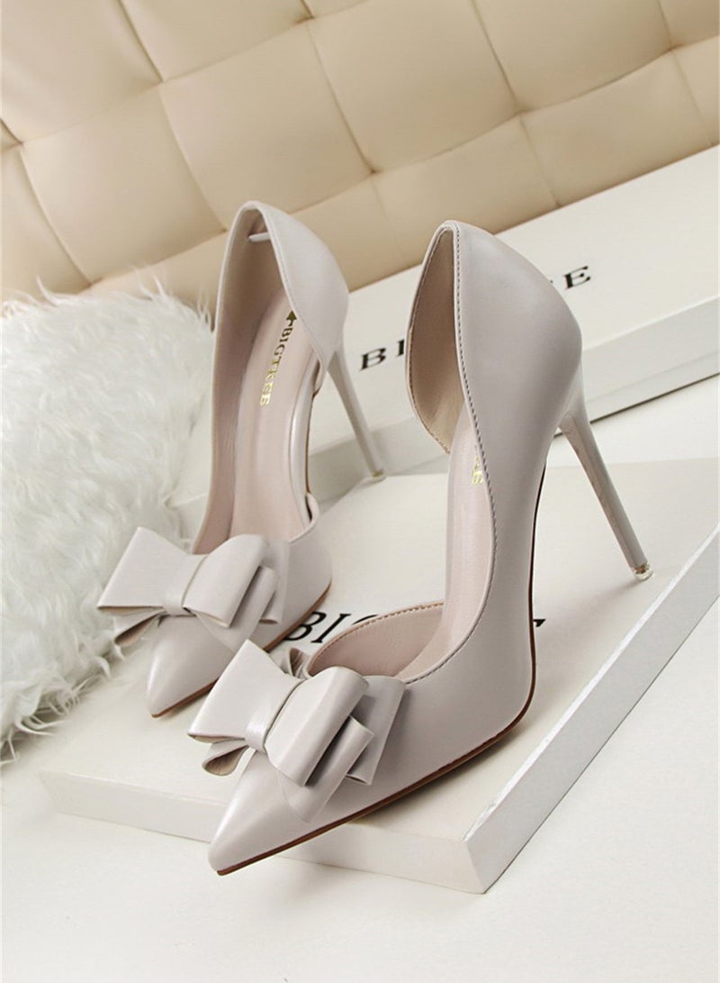 10.5cm Fashion Bow High Heels Shallow Mouth Pointed Side Hollowed Out Single Shoes Grey