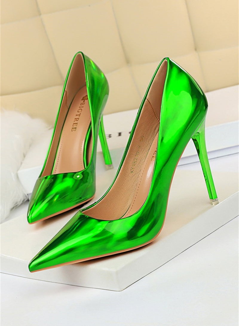 10.5cm Metal Heels High Heels Bright Patent Leather Shallow Cut Pointed Slim Heels Green