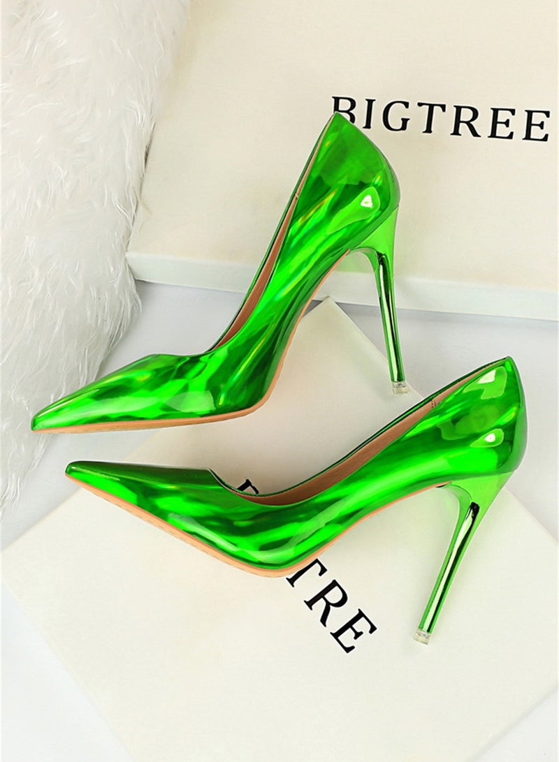 10.5cm Metal Heels High Heels Bright Patent Leather Shallow Cut Pointed Slim Heels Green