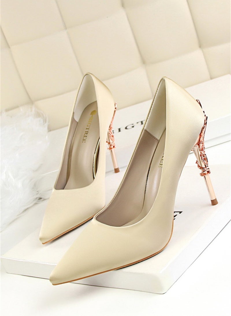 10cm Stylish Metal Pumps With Slim Heels High heels Shallow-Cut Pointed Satin Pumps Beige