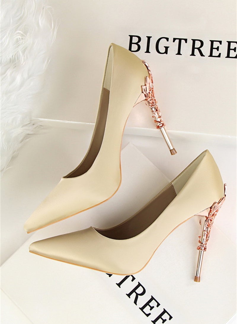 10cm Stylish Metal Pumps With Slim Heels High heels Shallow-Cut Pointed Satin Pumps Beige