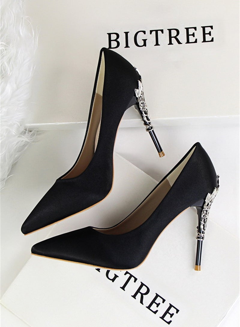 10cm Stylish Metal Pumps With Slim Heels High heels Shallow-Cut Pointed Satin Pumps Black