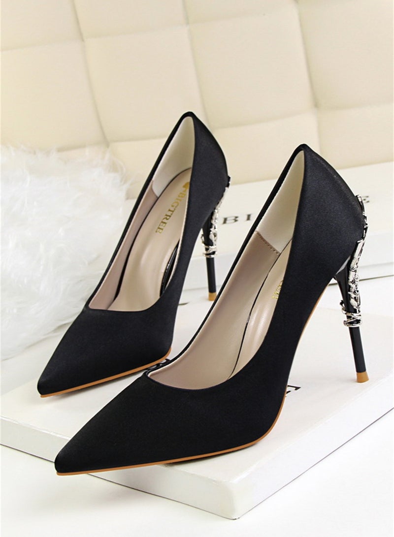 10cm Stylish Metal Pumps With Slim Heels High heels Shallow-Cut Pointed Satin Pumps Black