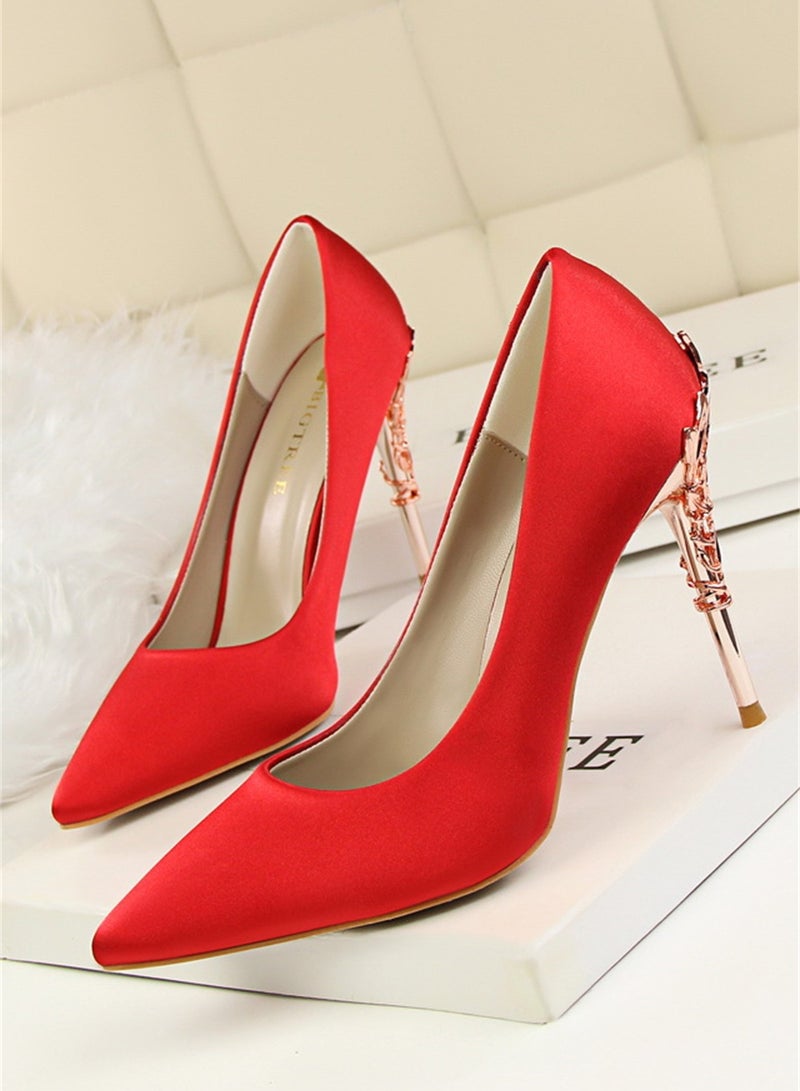 10cm Stylish Metal Pumps With Slim Heels High heels Shallow-Cut Pointed Satin Pumps Nave Red