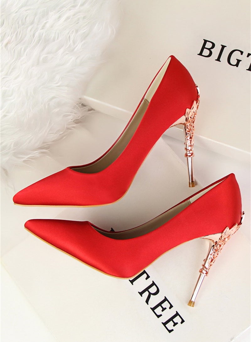 10cm Stylish Metal Pumps With Slim Heels High heels Shallow-Cut Pointed Satin Pumps Nave Red