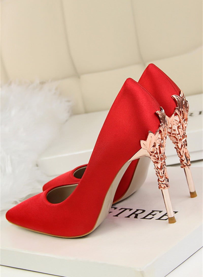 10cm Stylish Metal Pumps With Slim Heels High heels Shallow-Cut Pointed Satin Pumps Nave Red