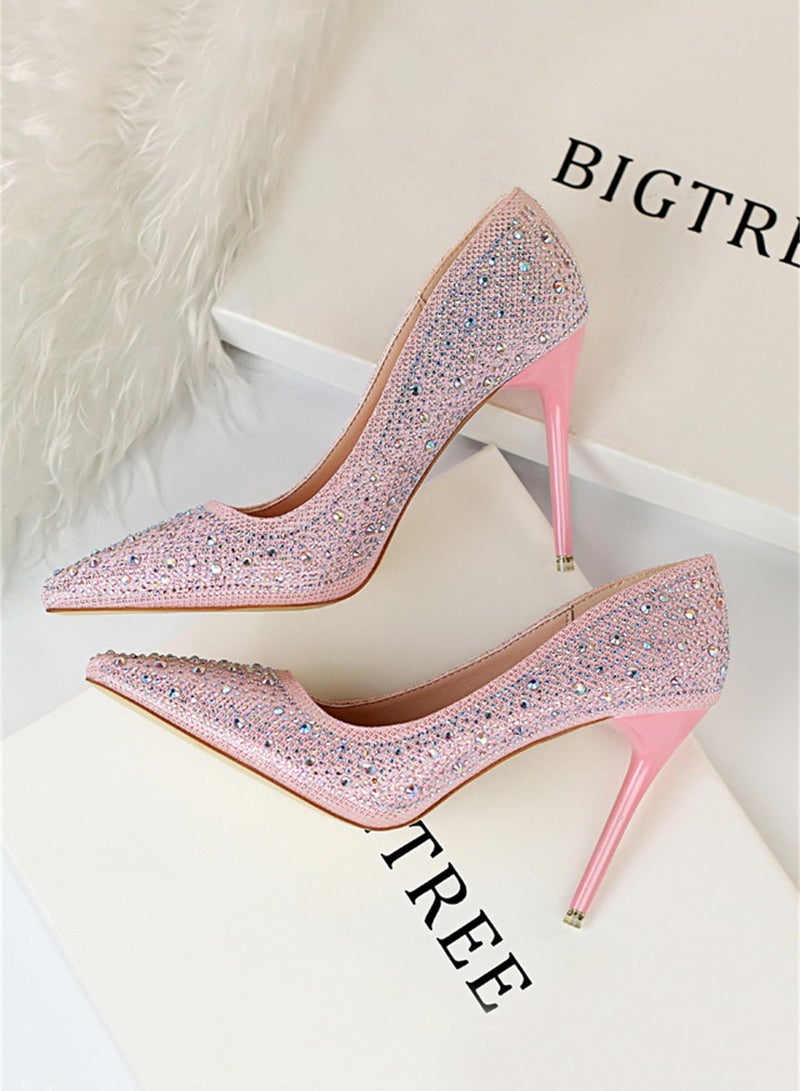 10cm Fashion Party Women's Shoes Slim Heel Shallow Mouth Pointed Thin Rhinestone Color Diamond High Heel Shoes Pink