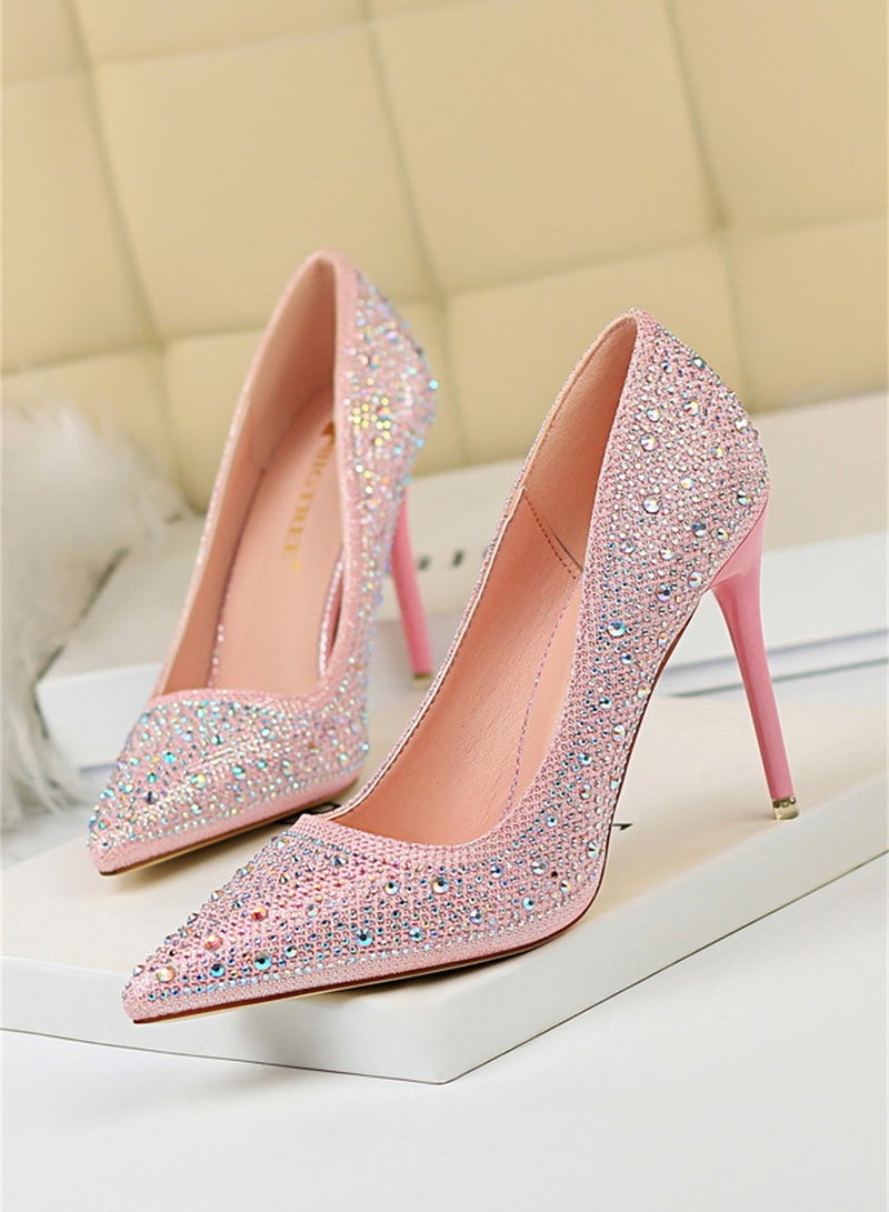 10cm Fashion Party Women's Shoes Slim Heel Shallow Mouth Pointed Thin Rhinestone Color Diamond High Heel Shoes Pink