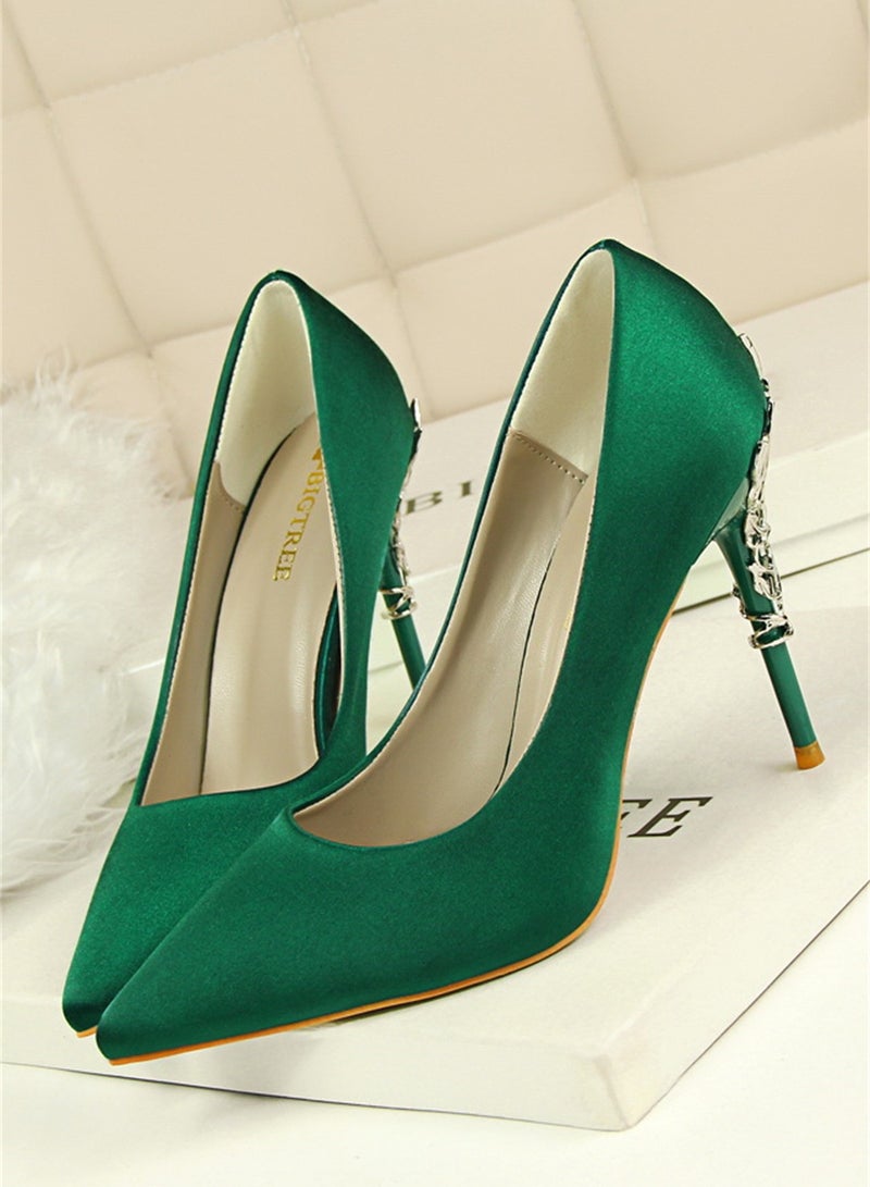 10cm Stylish Metal Pumps With Slim Heels High heels Shallow-Cut Pointed Satin Pumps Green