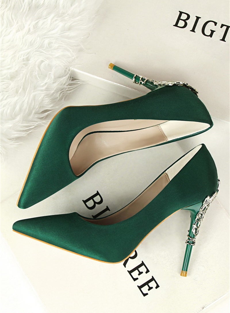 10cm Stylish Metal Pumps With Slim Heels High heels Shallow-Cut Pointed Satin Pumps Green