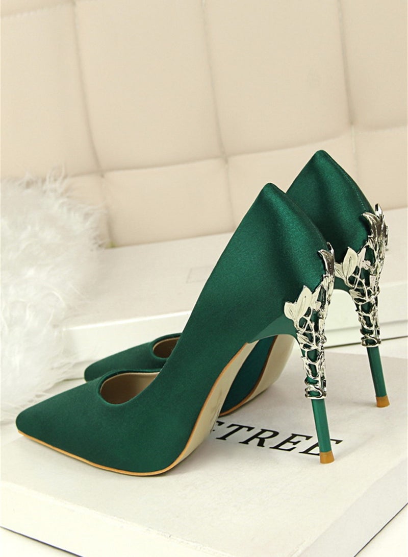 10cm Stylish Metal Pumps With Slim Heels High heels Shallow-Cut Pointed Satin Pumps Green