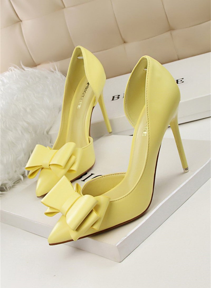 10.5cm Fashion Bow High Heels Shallow Mouth Pointed Side Hollowed Out Single Shoes Yellow