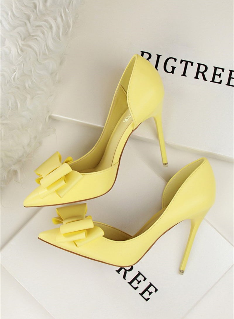 10.5cm Fashion Bow High Heels Shallow Mouth Pointed Side Hollowed Out Single Shoes Yellow