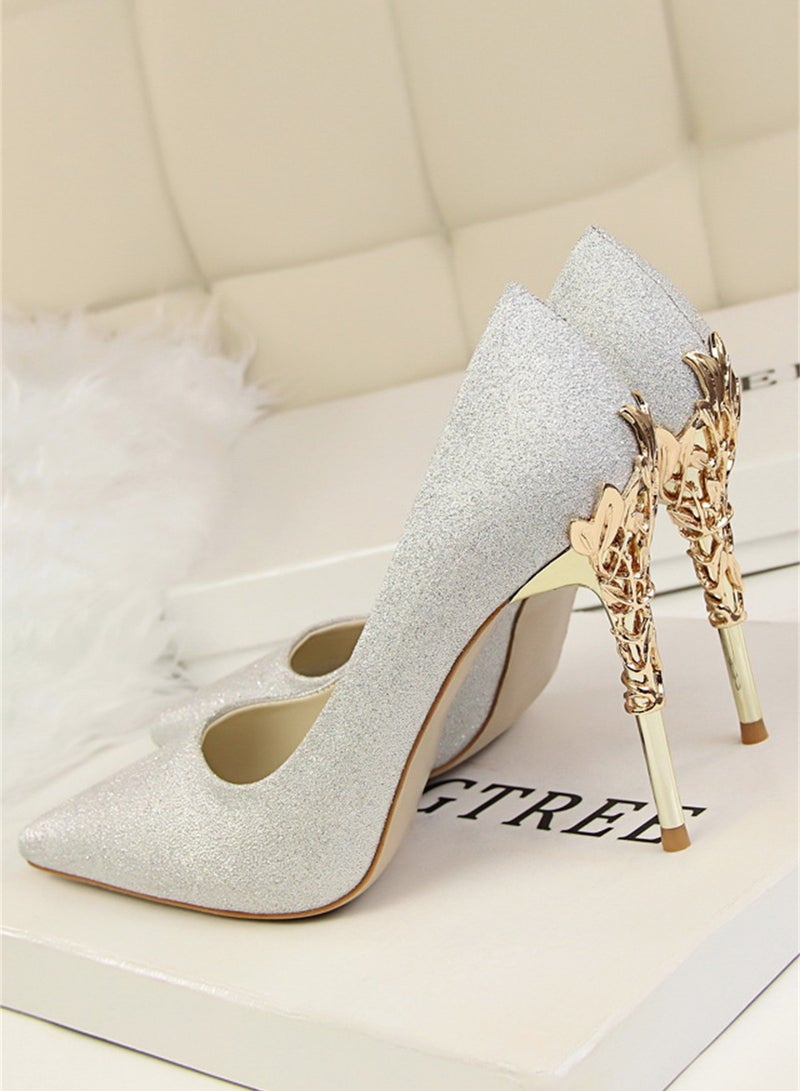 10cm Stylish Metal Pumps With Slim Heels High heels Shallow-Cut Pointed Satin Pumps Grey