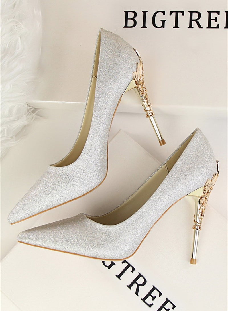 10cm Stylish Metal Pumps With Slim Heels High heels Shallow-Cut Pointed Satin Pumps Grey