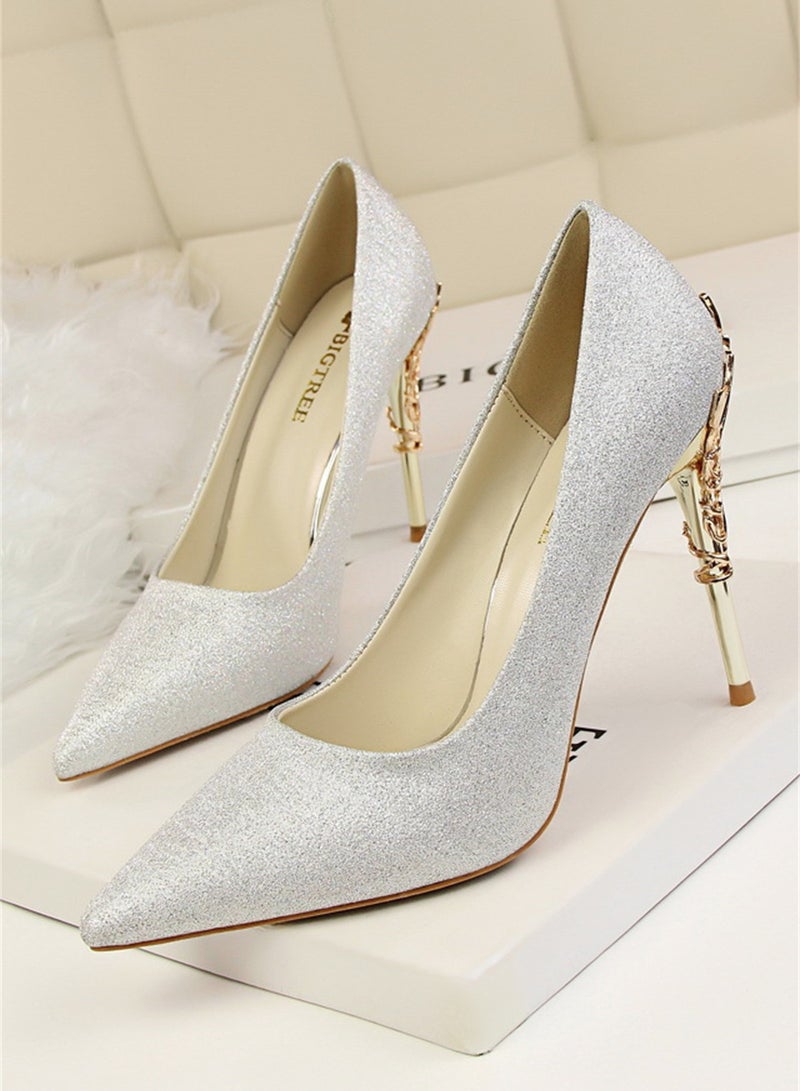 10cm Stylish Metal Pumps With Slim Heels High heels Shallow-Cut Pointed Satin Pumps Grey