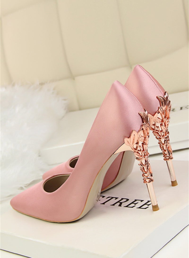 10cm Stylish Metal Pumps With Slim Heels High heels Shallow-Cut Pointed Satin Pumps Pink