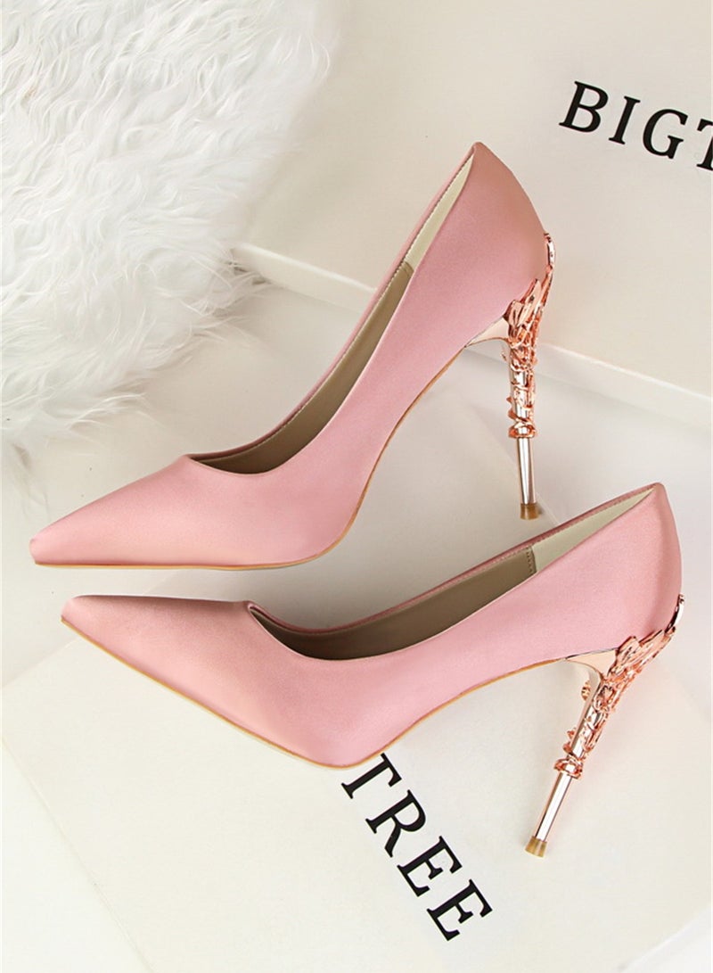 10cm Stylish Metal Pumps With Slim Heels High heels Shallow-Cut Pointed Satin Pumps Pink