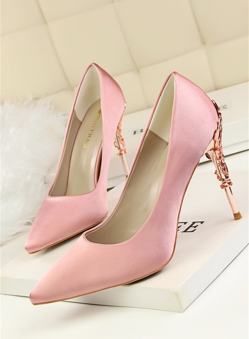 10cm Stylish Metal Pumps With Slim Heels High heels Shallow-Cut Pointed Satin Pumps Pink